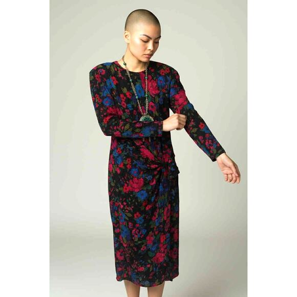 Louis Féraud Floral Silk Viscose Dress West Germany Sz 6 Side Sash Draped Waist - Picture 1 of 3